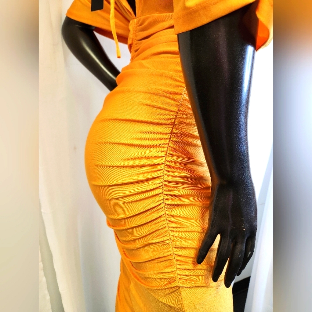 Elegant Ruched Dress In Mustard - Picture 7 of 15